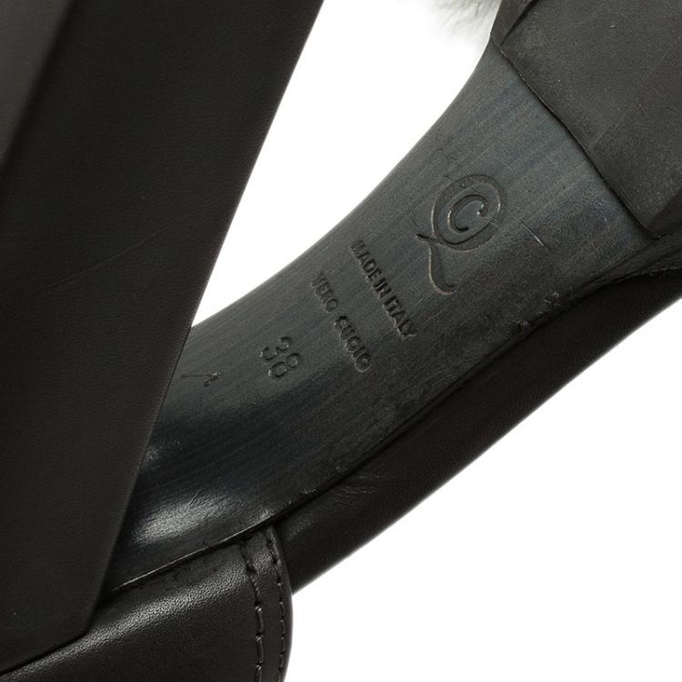 Pre Owned Alexander McQueen Grey Mink and Leather Buckle Detail  Ankle Strap Platform Sandals Size 38 