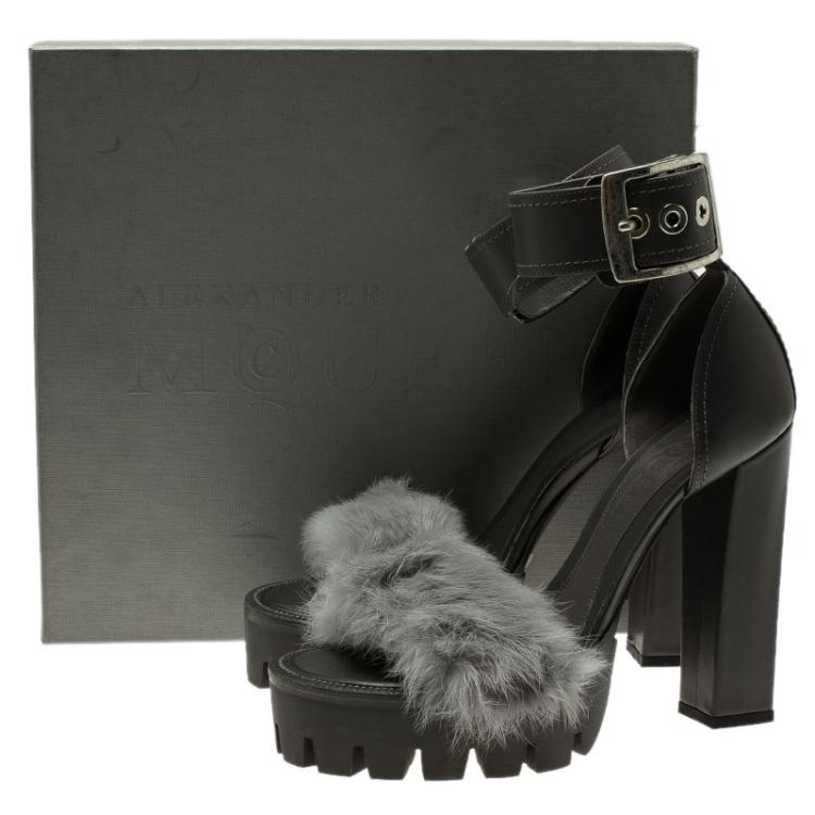 Pre Owned Alexander McQueen Grey Mink and Leather Buckle Detail  Ankle Strap Platform Sandals Size 38 