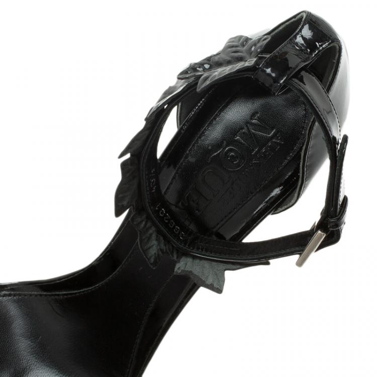 Pre Owned Alexander McQueen Black Patent Ivy Leaf Embellished Ankle Strap Sandals Size 40.5