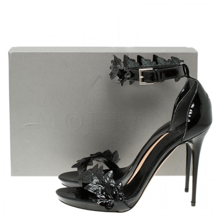 Pre Owned Alexander McQueen Black Patent Ivy Leaf Embellished Ankle Strap Sandals Size 40.5