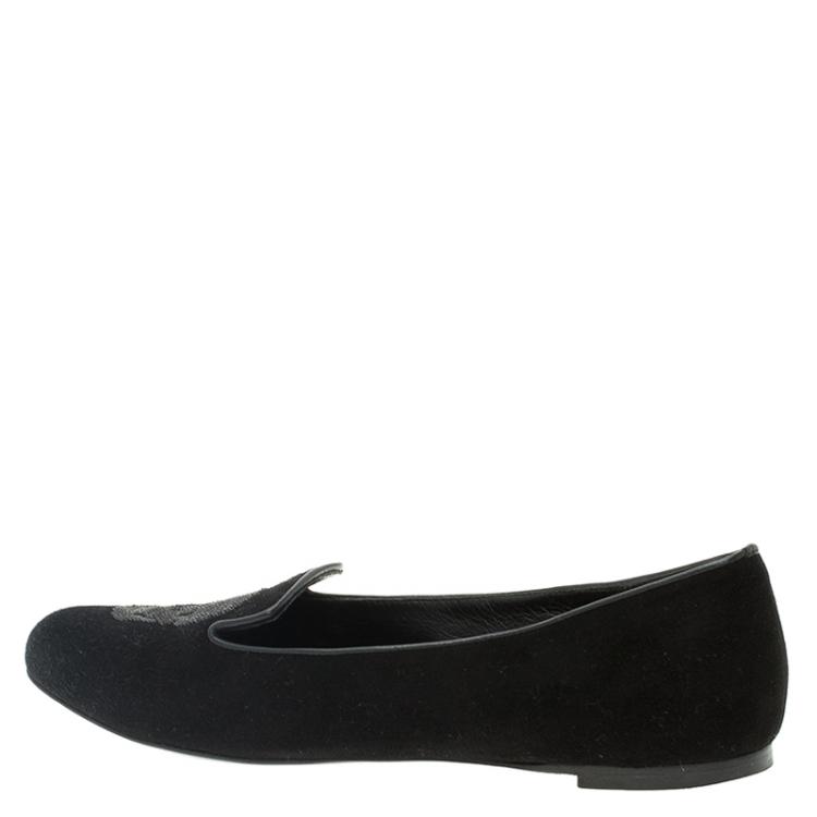 Pre Owned Alexander McQueen Black Suede Sequin Skull Smoking Slippers Size 38.5