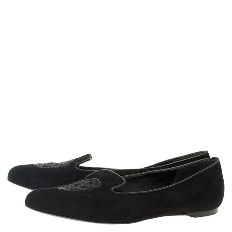 Pre Owned Alexander McQueen Black Suede Sequin Skull Smoking Slippers Size 38.5