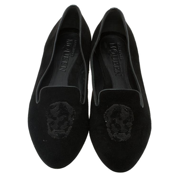 Pre Owned Alexander McQueen Black Suede Sequin Skull Smoking Slippers Size 38.5
