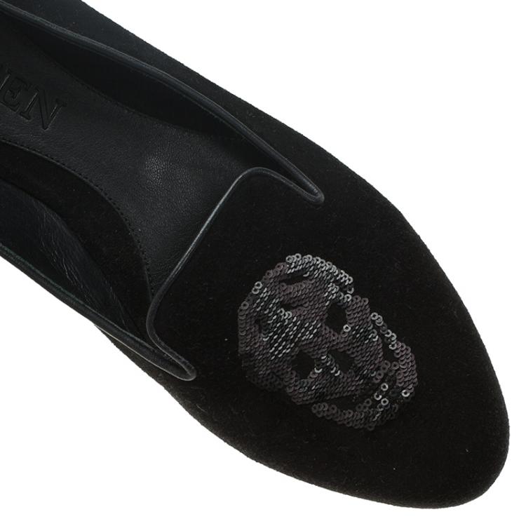 Pre Owned Alexander McQueen Black Suede Sequin Skull Smoking Slippers Size 38.5