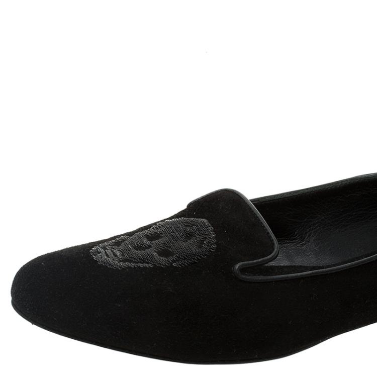 Pre Owned Alexander McQueen Black Suede Sequin Skull Smoking Slippers Size 38.5
