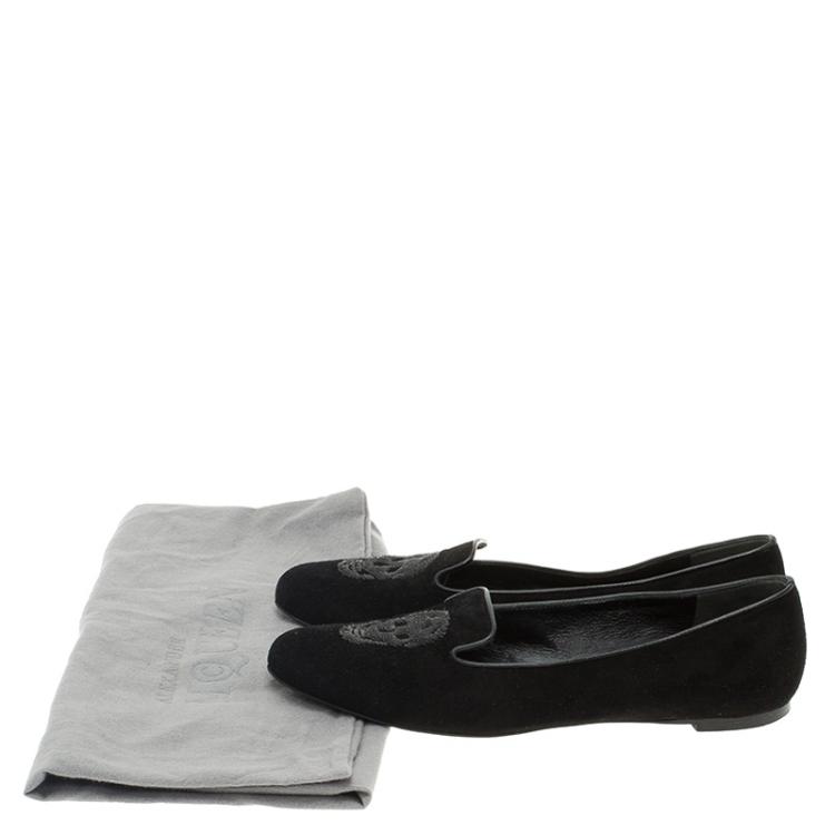 Pre Owned Alexander McQueen Black Suede Sequin Skull Smoking Slippers Size 38.5