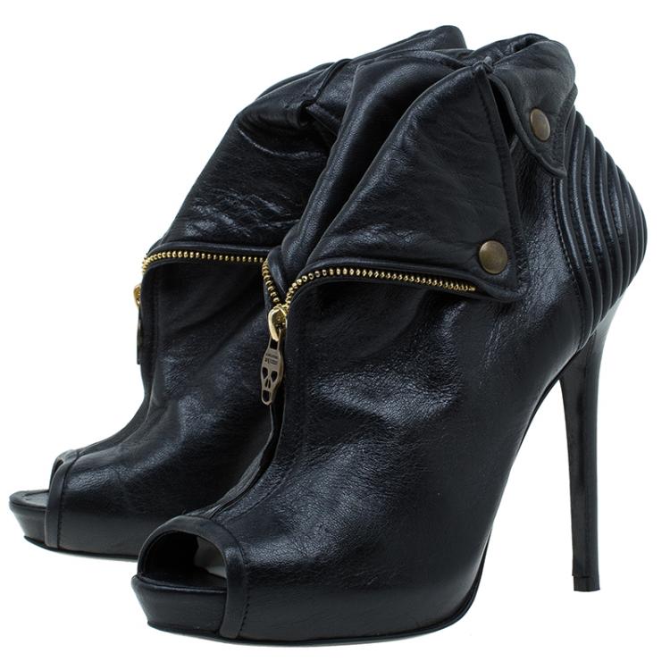 Pre Owned Alexander McQueen Black Leather Faithful Peep-Toe Ankle Boots Size 40.5