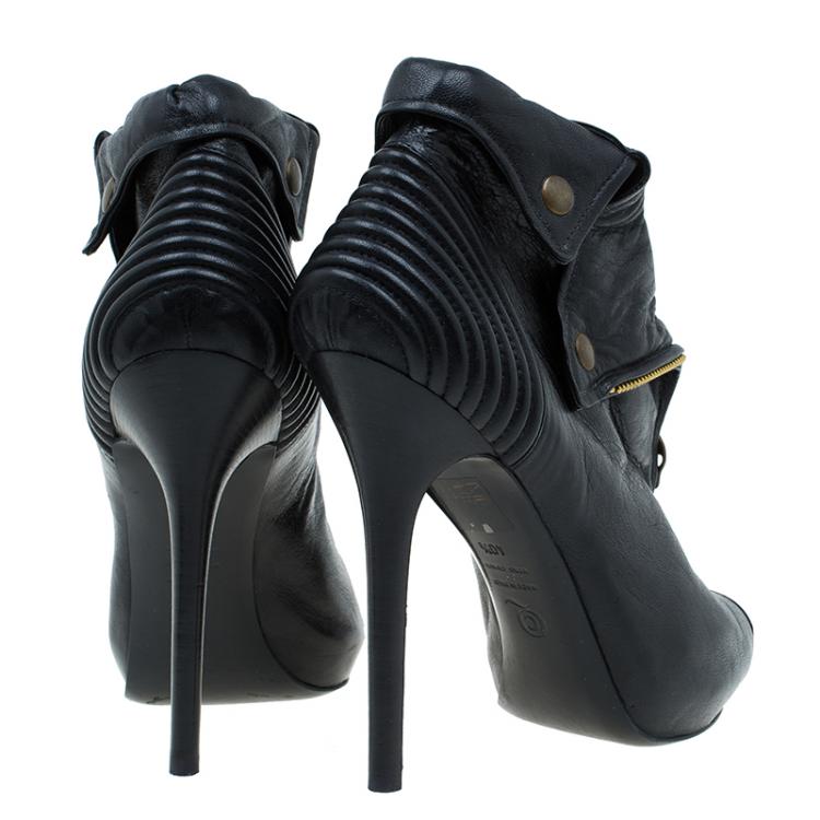 Pre Owned Alexander McQueen Black Leather Faithful Peep-Toe Ankle Boots Size 40.5