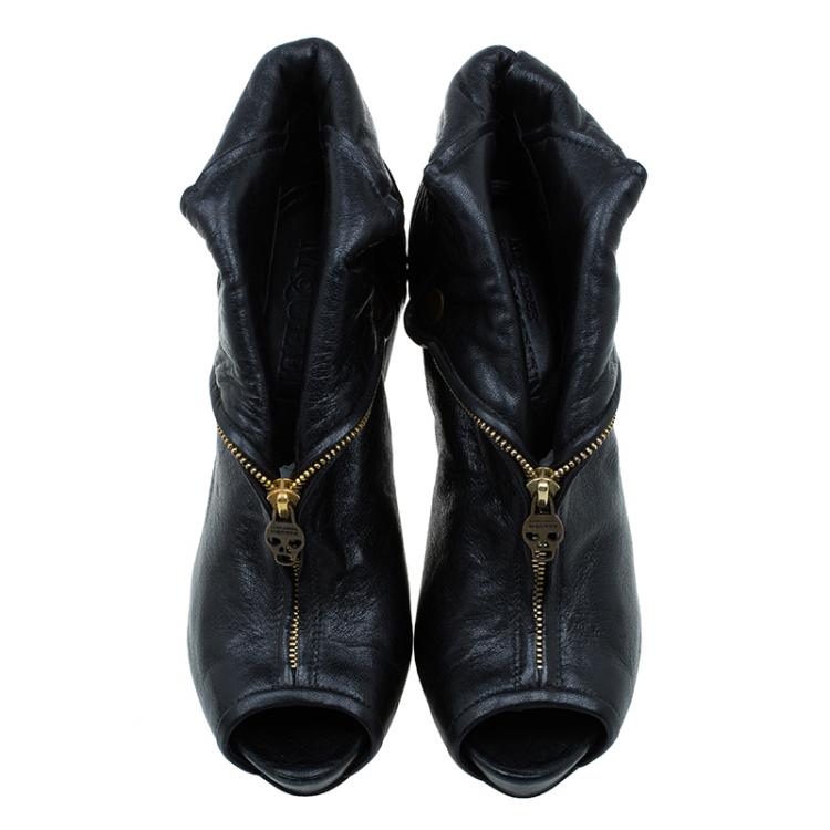 Pre Owned Alexander McQueen Black Leather Faithful Peep-Toe Ankle Boots Size 40.5