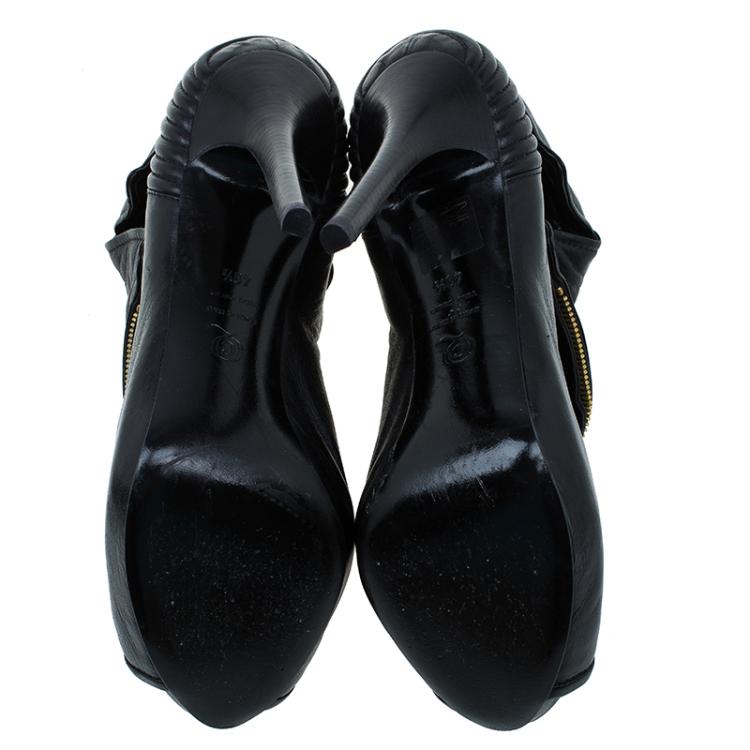 Pre Owned Alexander McQueen Black Leather Faithful Peep-Toe Ankle Boots Size 40.5