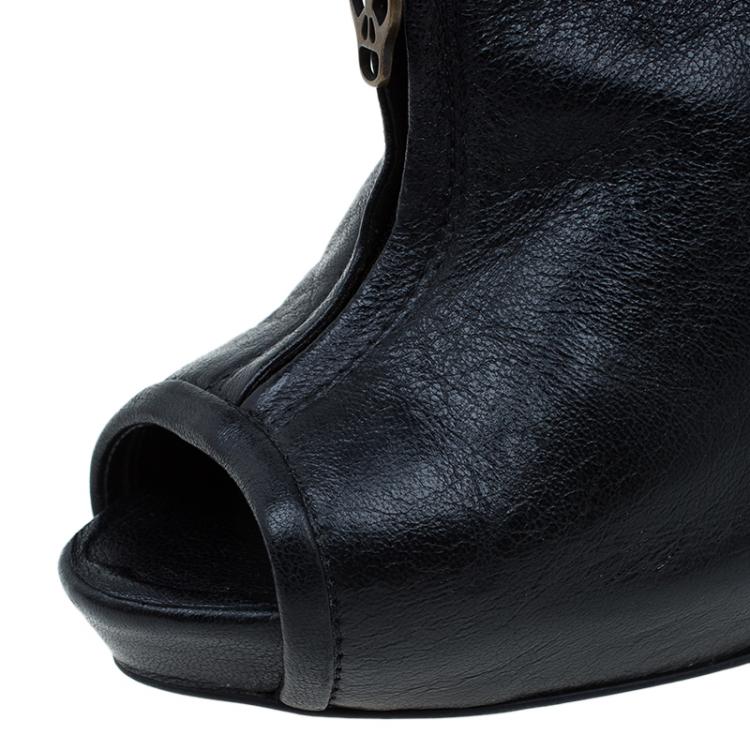 Pre Owned Alexander McQueen Black Leather Faithful Peep-Toe Ankle Boots Size 40.5