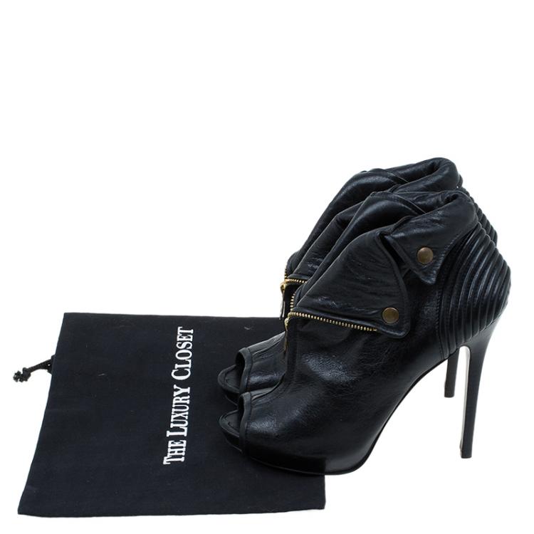 Pre Owned Alexander McQueen Black Leather Faithful Peep-Toe Ankle Boots Size 40.5