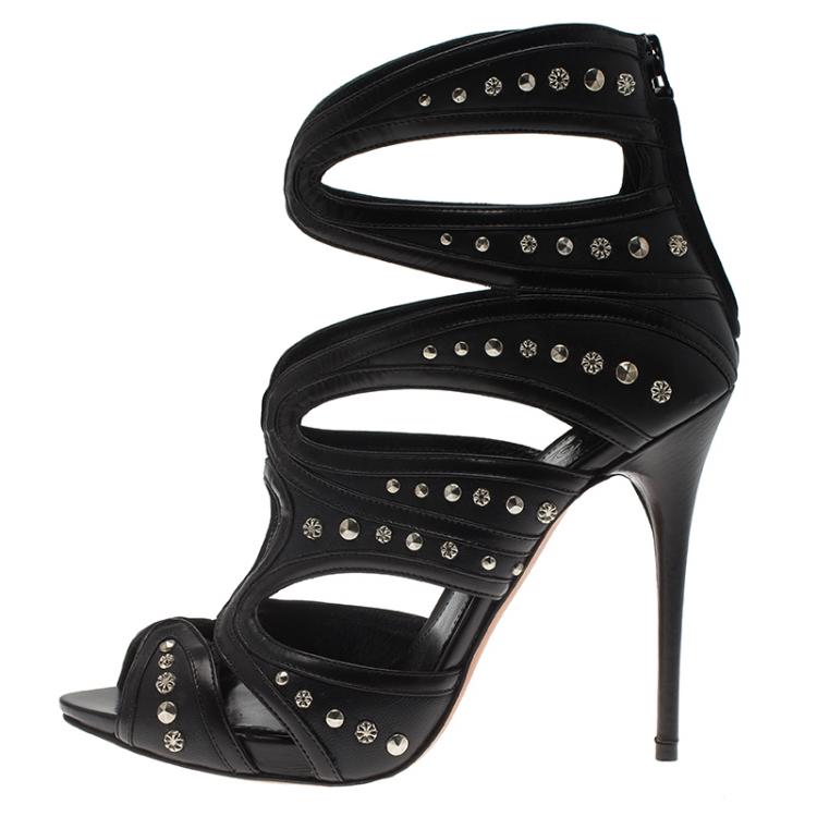 Pre Owned Alexander McQueen Black Studded Leather Cutout Sandals Size 37