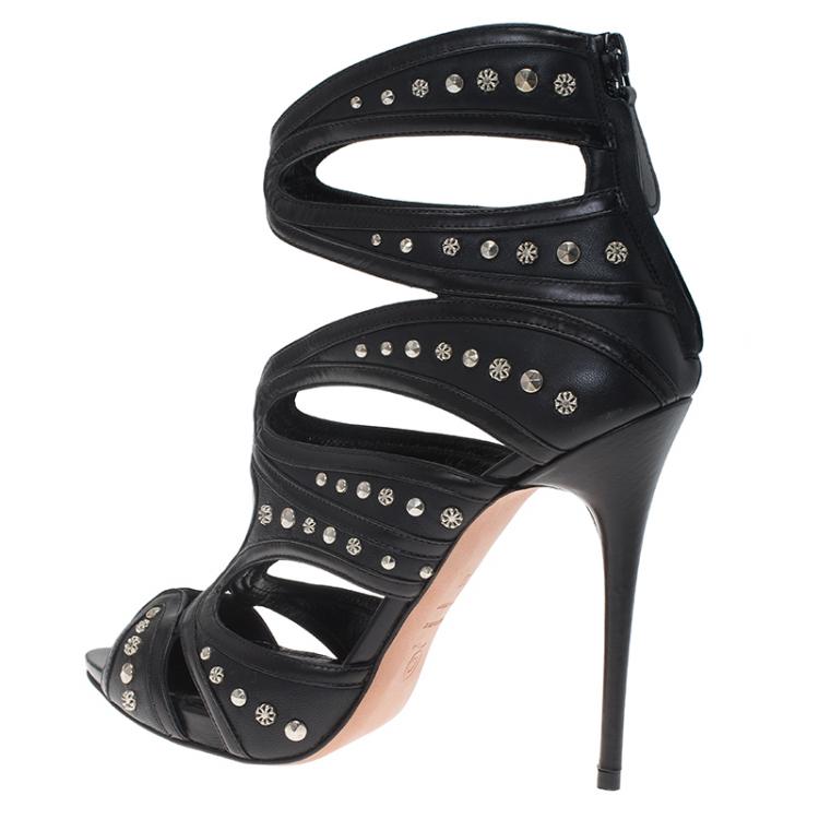 Pre Owned Alexander McQueen Black Studded Leather Cutout Sandals Size 37
