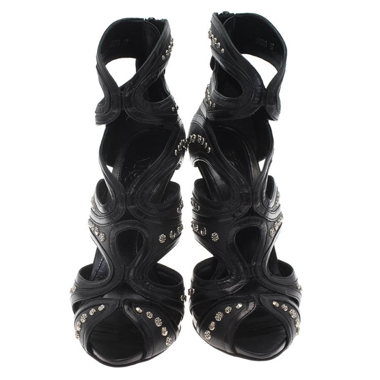 Pre Owned Alexander McQueen Black Studded Leather Cutout Sandals Size 37