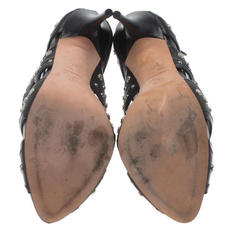 Pre Owned Alexander McQueen Black Studded Leather Cutout Sandals Size 37