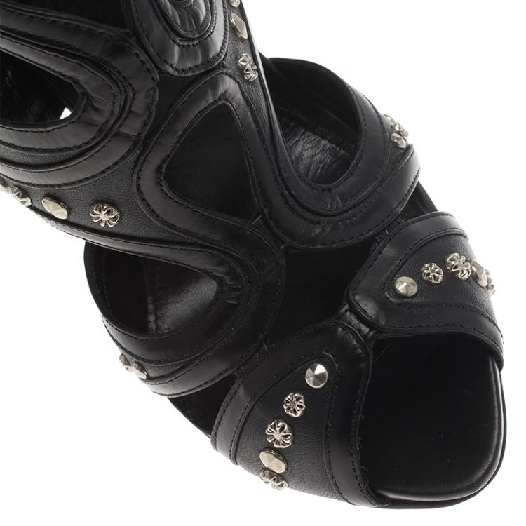Pre Owned Alexander McQueen Black Studded Leather Cutout Sandals Size 37