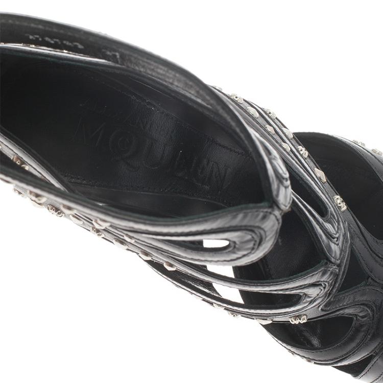 Pre Owned Alexander McQueen Black Studded Leather Cutout Sandals Size 37