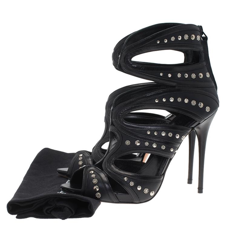 Pre Owned Alexander McQueen Black Studded Leather Cutout Sandals Size 37