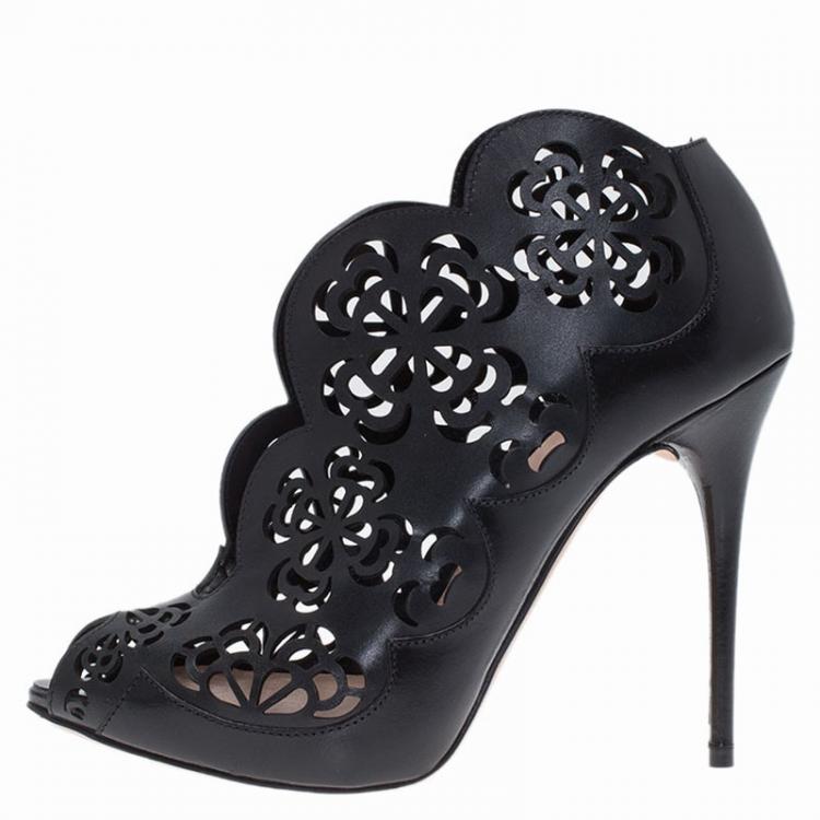 Alexander McQueen Black Floral Laser Cut Leather Ankle Boots Size