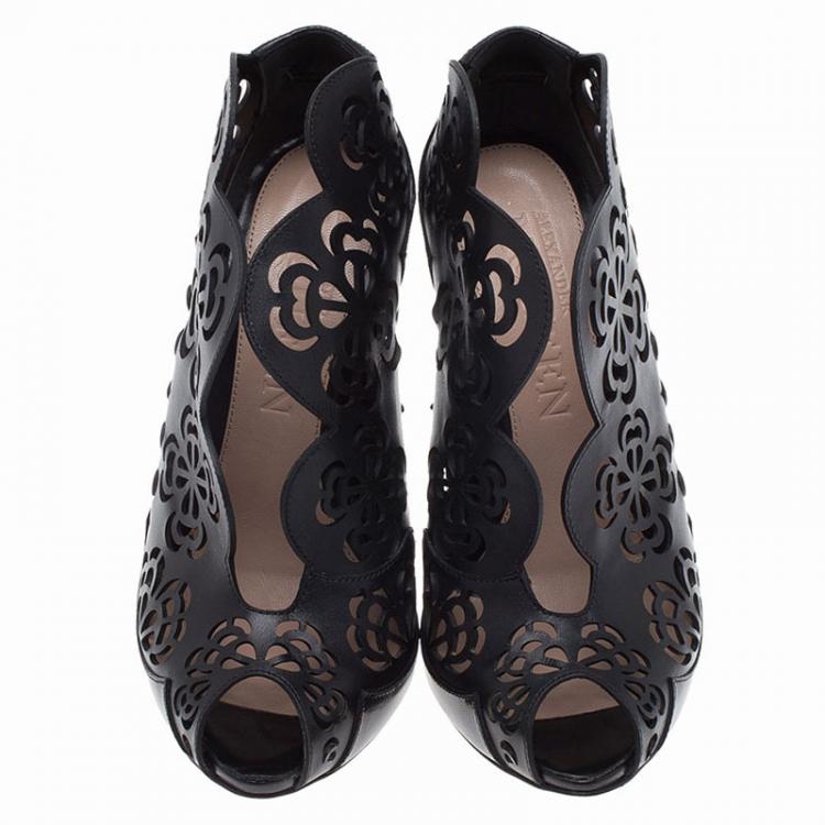 Pre Owned Alexander McQueen Black Floral Laser Cut Leather Ankle Boots Size 36