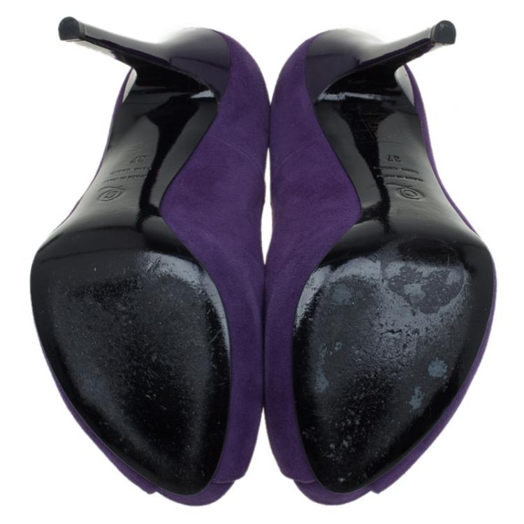 Pre Owned Alexander McQueen Purple Suede Skull Embellished Peep Toe Pumps Size 37