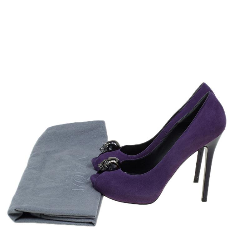 Pre Owned Alexander McQueen Purple Suede Skull Embellished Peep Toe Pumps Size 37