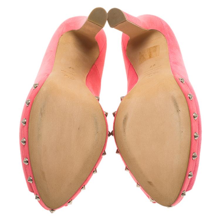 Pre Owned Alexander McQueen Baby Pink Suede Skull Embellished Peep Toe Platform Pumps Size 37