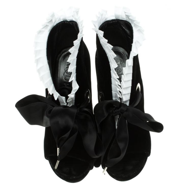 Pre Owned Alexander McQueen Black Velvet Frill Detail Open Toe Ankle Boots Size 38.5