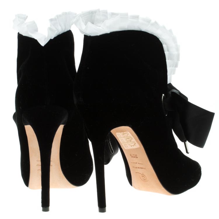 Pre Owned Alexander McQueen Black Velvet Frill Detail Open Toe Ankle Boots Size 38.5