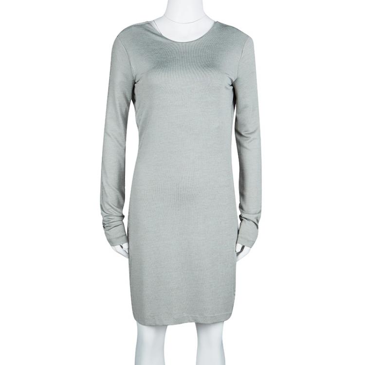 T By Alexander Wang Grey Knit Scoop Back Detail Long Sleeve Dress