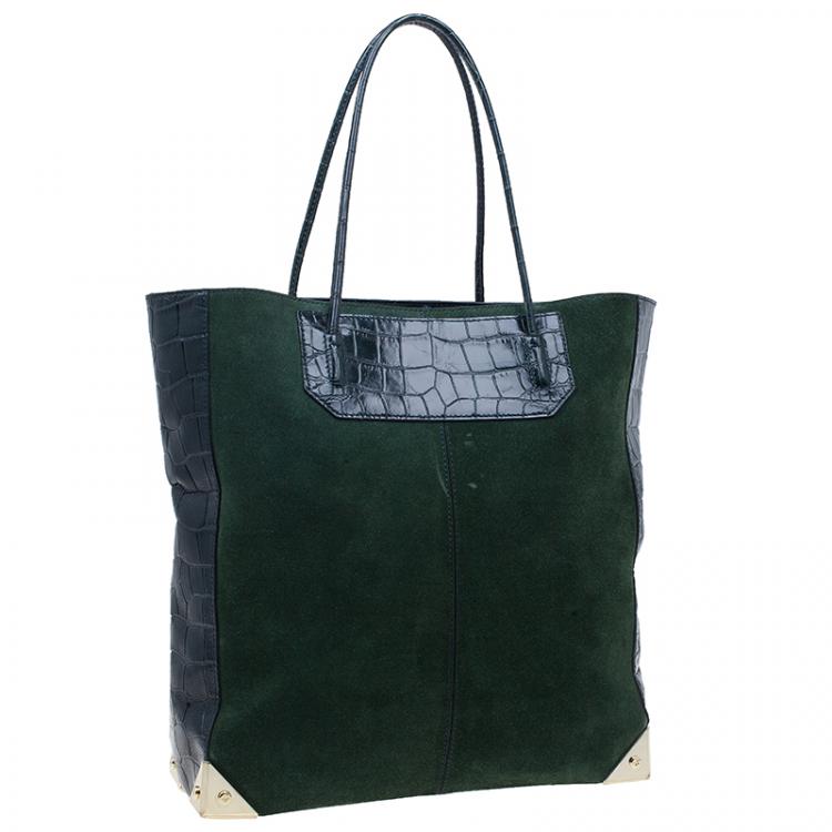 Pre Owned Alexander Wang Serpentine Green Suede And Croc Embossed Leather 'Prisma' Shopper Tote