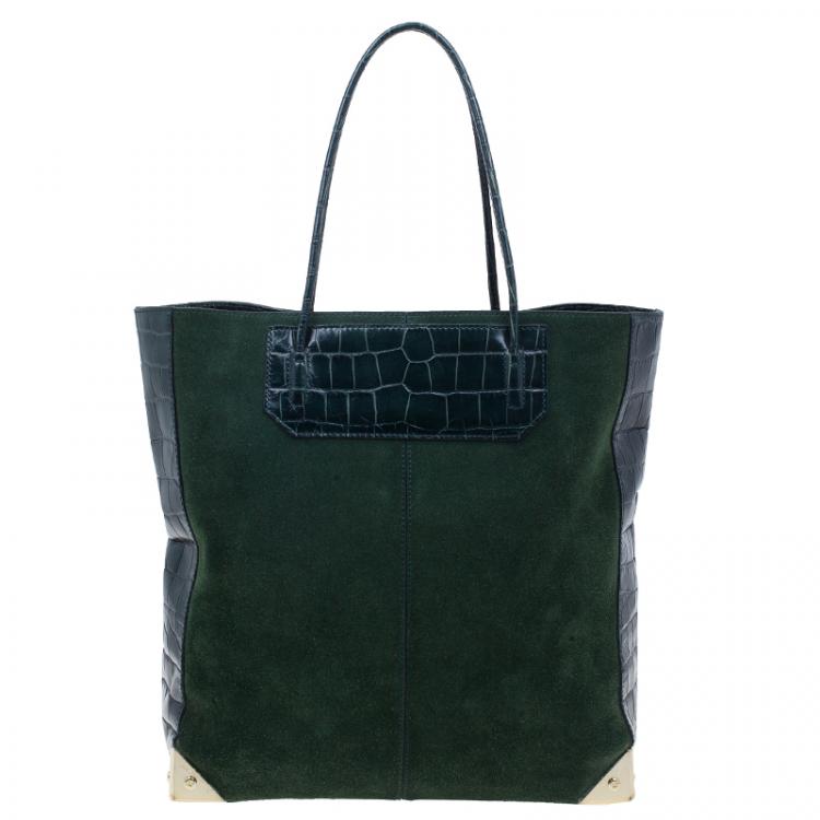 Pre Owned Alexander Wang Serpentine Green Suede And Croc Embossed Leather 'Prisma' Shopper Tote