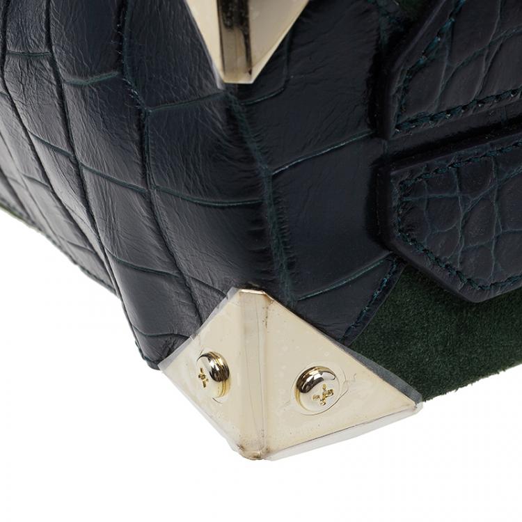 Pre Owned Alexander Wang Serpentine Green Suede And Croc Embossed Leather 'Prisma' Shopper Tote