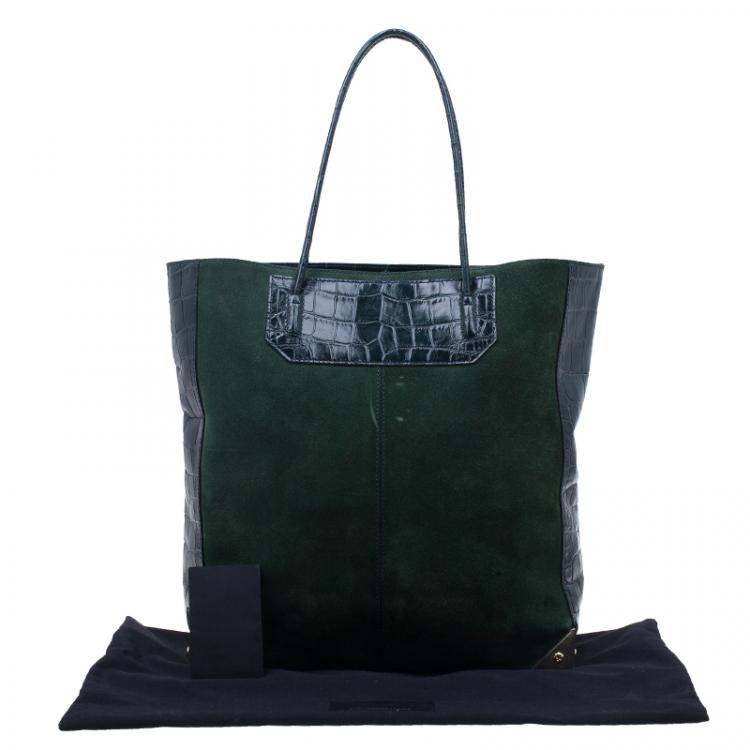 Pre Owned Alexander Wang Serpentine Green Suede And Croc Embossed Leather 'Prisma' Shopper Tote