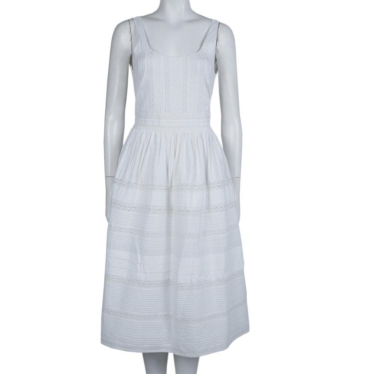 Pre Owned Alice + Olivia Myrtle White Lace Insert Pintucked Sleevless Cotton Dress M