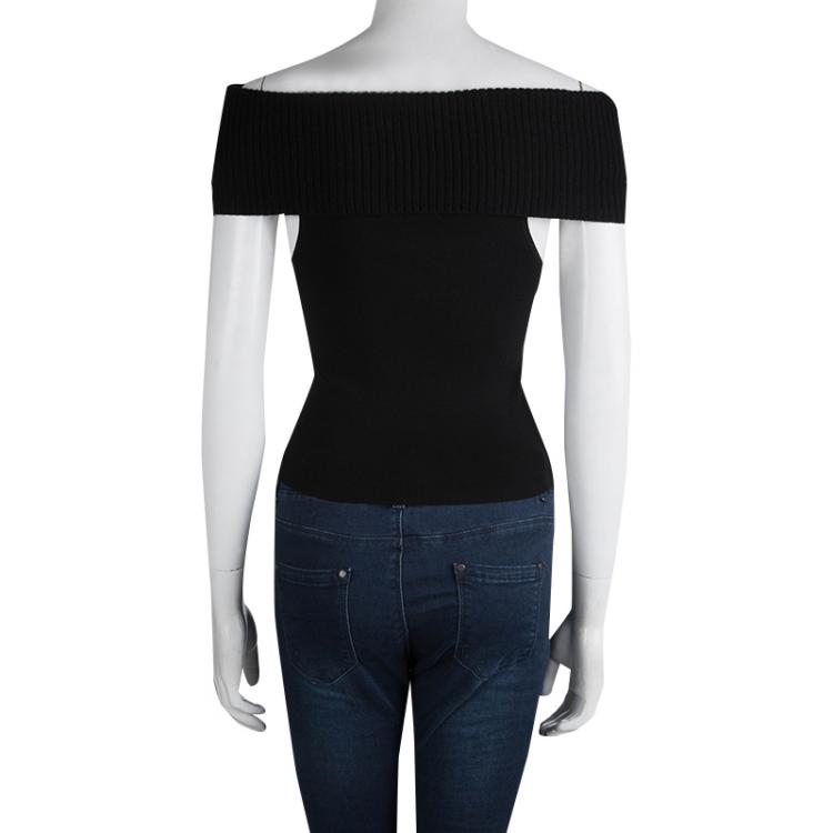Pre Owned Alice + Olivia Black Rib Knit Off-Shoulder Sleeveless Cropped Top XS