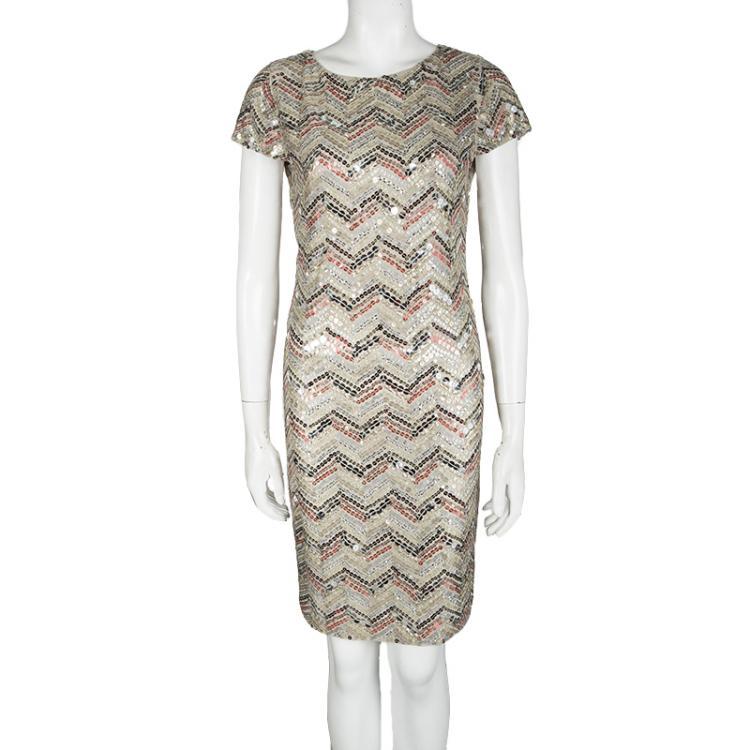 Pre Owned Alice + Olivia Beige Zig Zag Sequin Embellished Cap Sleeve Dress L