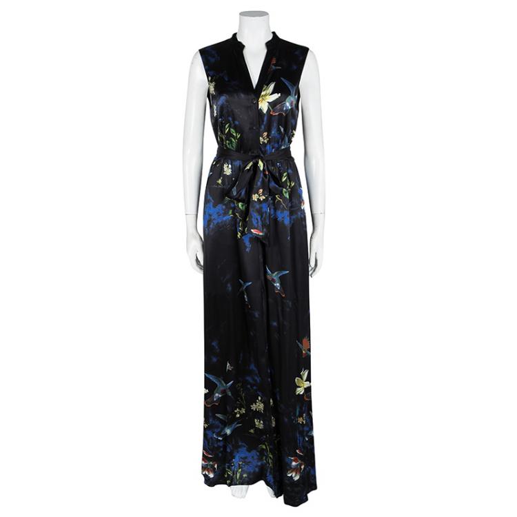 Pre Owned Alice + Olivia Black Marianna Enchanted Forest Print Silk Belted Dress M