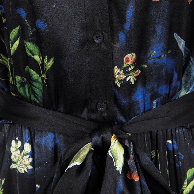 Pre Owned Alice + Olivia Black Marianna Enchanted Forest Print Silk Belted Dress M