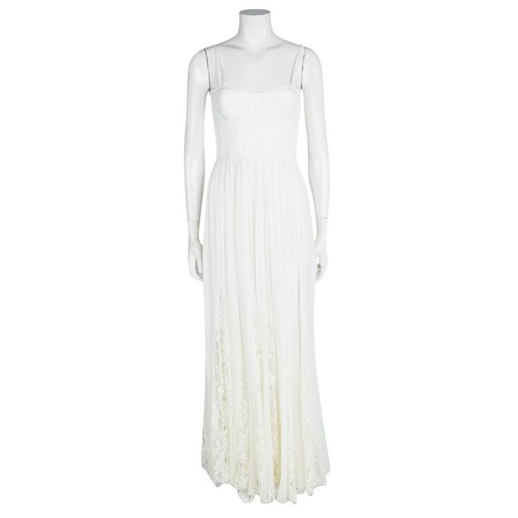 Pre Owned Alice + Olivia Cream Silk Lace Trim Detail Geneva Pleated Maxi Dress XS