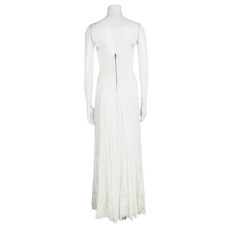 Pre Owned Alice + Olivia Cream Silk Lace Trim Detail Geneva Pleated Maxi Dress XS