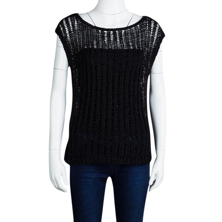 Pre Owned Alice + Olivia Black Chunky Crochet Knit Cap Sleeve Top S