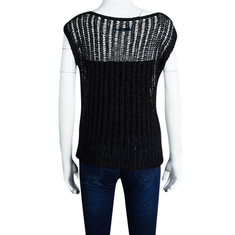 Pre Owned Alice + Olivia Black Chunky Crochet Knit Cap Sleeve Top S