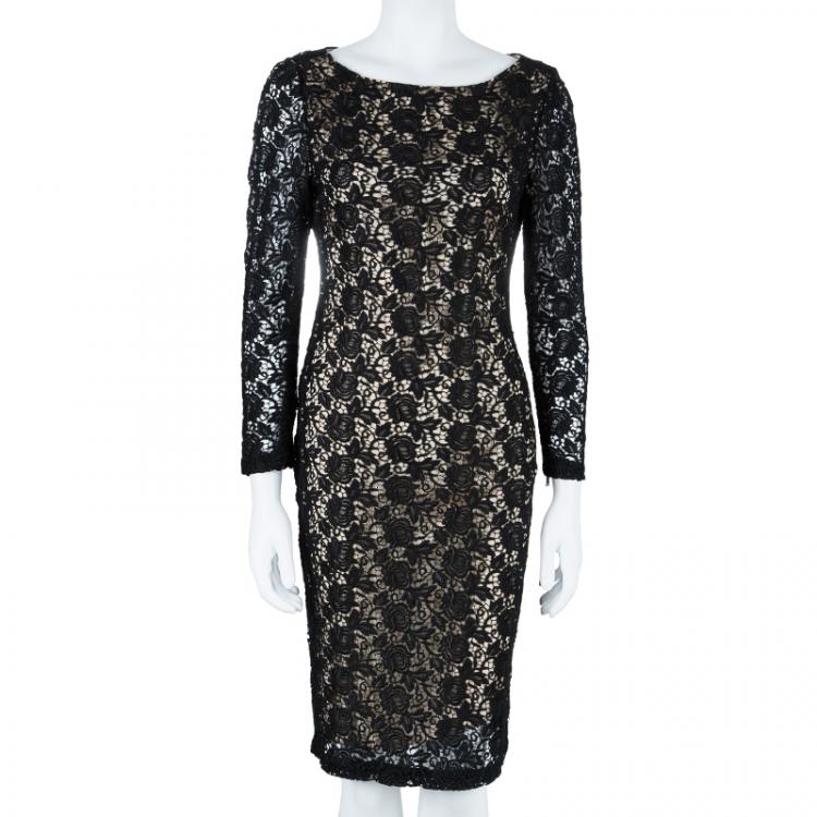 Pre Owned Alice + Olivia Black Clover Lace Open-Back Dress M