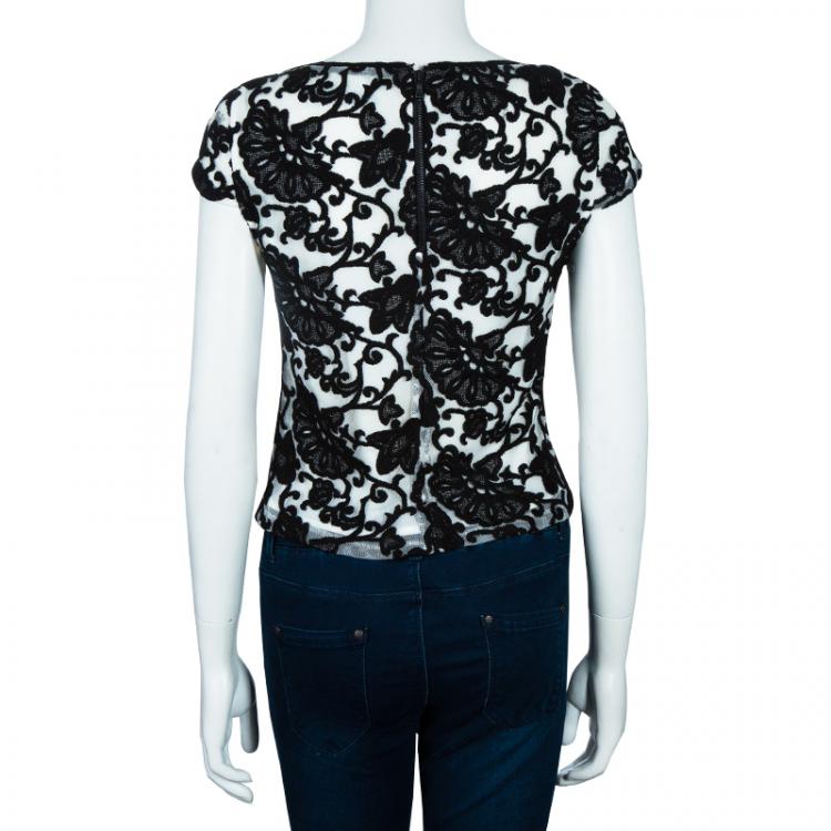 Pre Owned Alice + Olivia Connie Black and White Embroidered Top XS