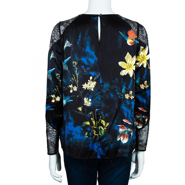 Pre Owned Alice + Olivia Black Bird Printed Satin and Lace Long Sleeve Top XS