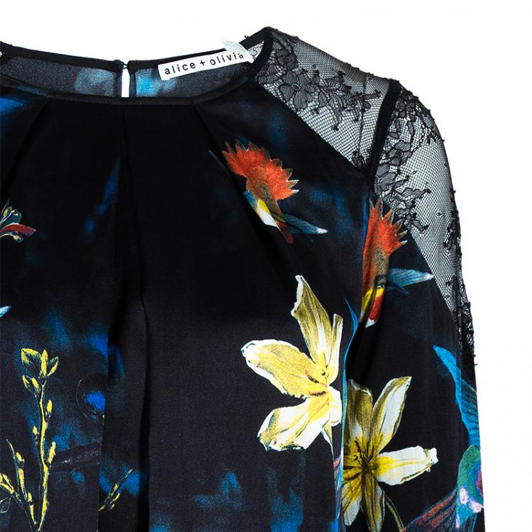 Pre Owned Alice + Olivia Black Bird Printed Satin and Lace Long Sleeve Top XS
