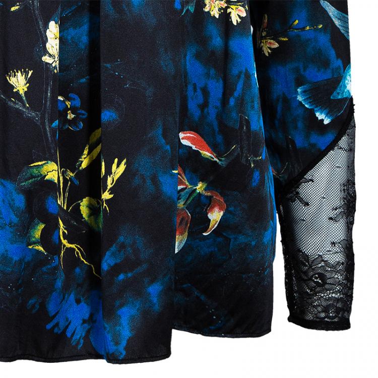 Pre Owned Alice + Olivia Black Bird Printed Satin and Lace Long Sleeve Top XS
