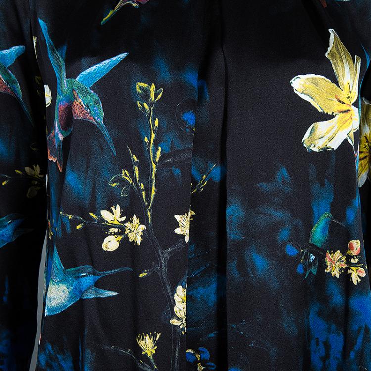 Pre Owned Alice + Olivia Black Bird Printed Satin and Lace Long Sleeve Top XS